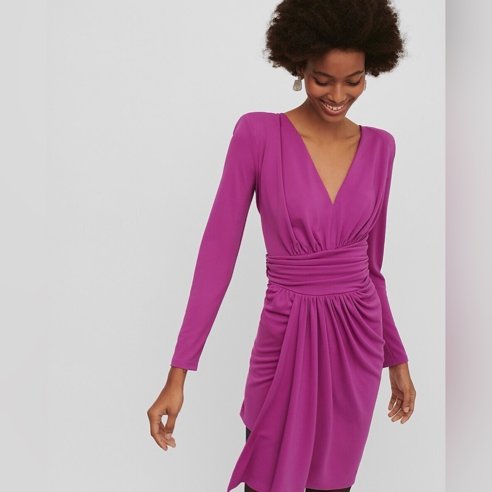 Express Draped V-Neck Strong Shoulder Mini Dress